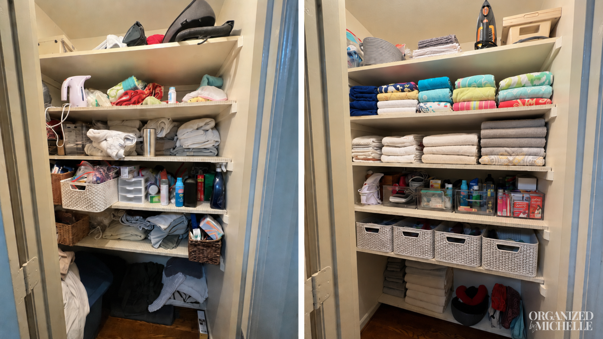 Before-and-after storage closet organization by Organized by Michelle, with toiletries, linens, and household supplies neatly arranged.