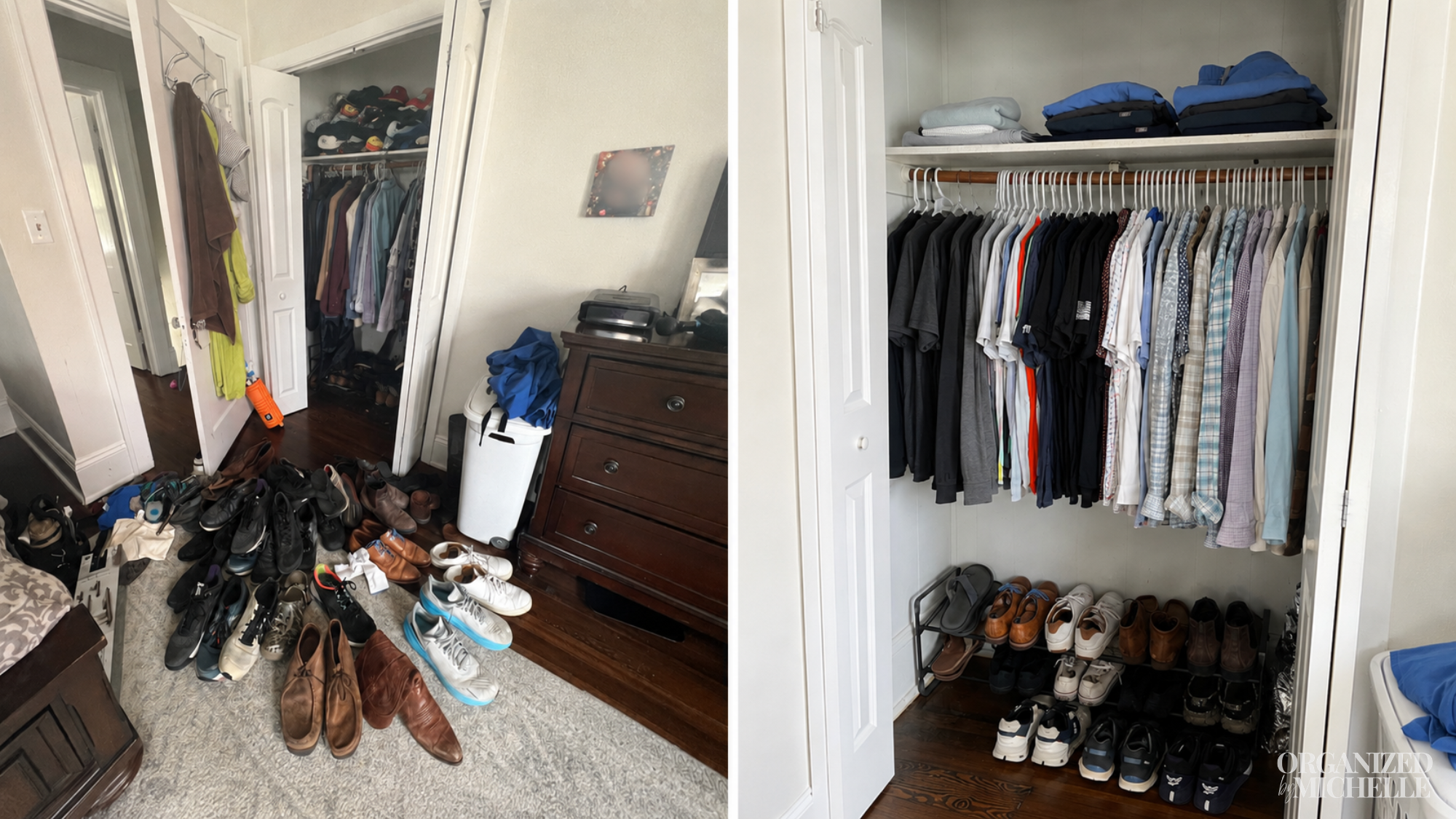 Before-and-after men's closet organization by Organized by Michelle, with shoes and clothing neatly stored for easier access.