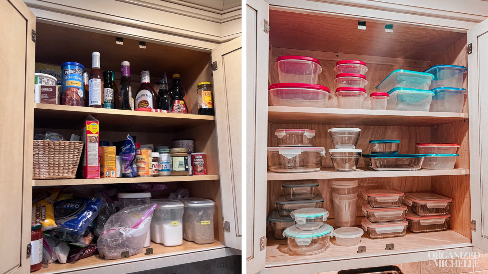 Before-and-after pantry organization by Organized by Michelle, with food storage containers grouped neatly on shelves.