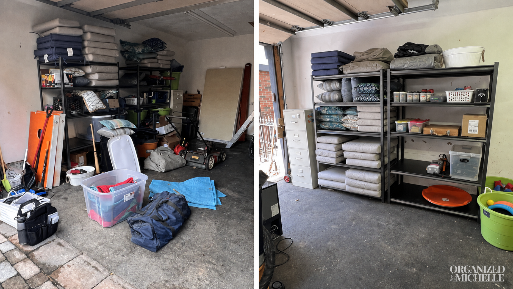 Before-and-after garage organization by Organized by Michelle, with shelving, storage bins, and household items arranged into organized zones.