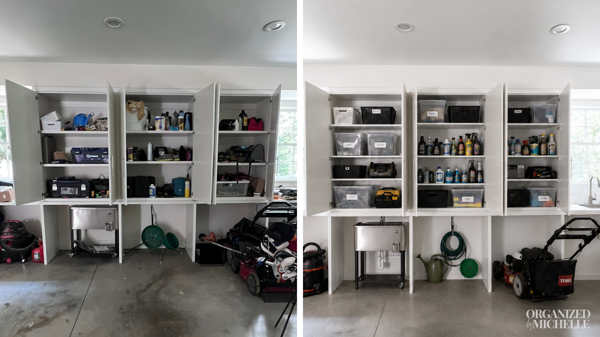 Before-and-after home garage organization by Organized by Michelle, with lawn equipment and storage neatly arranged.