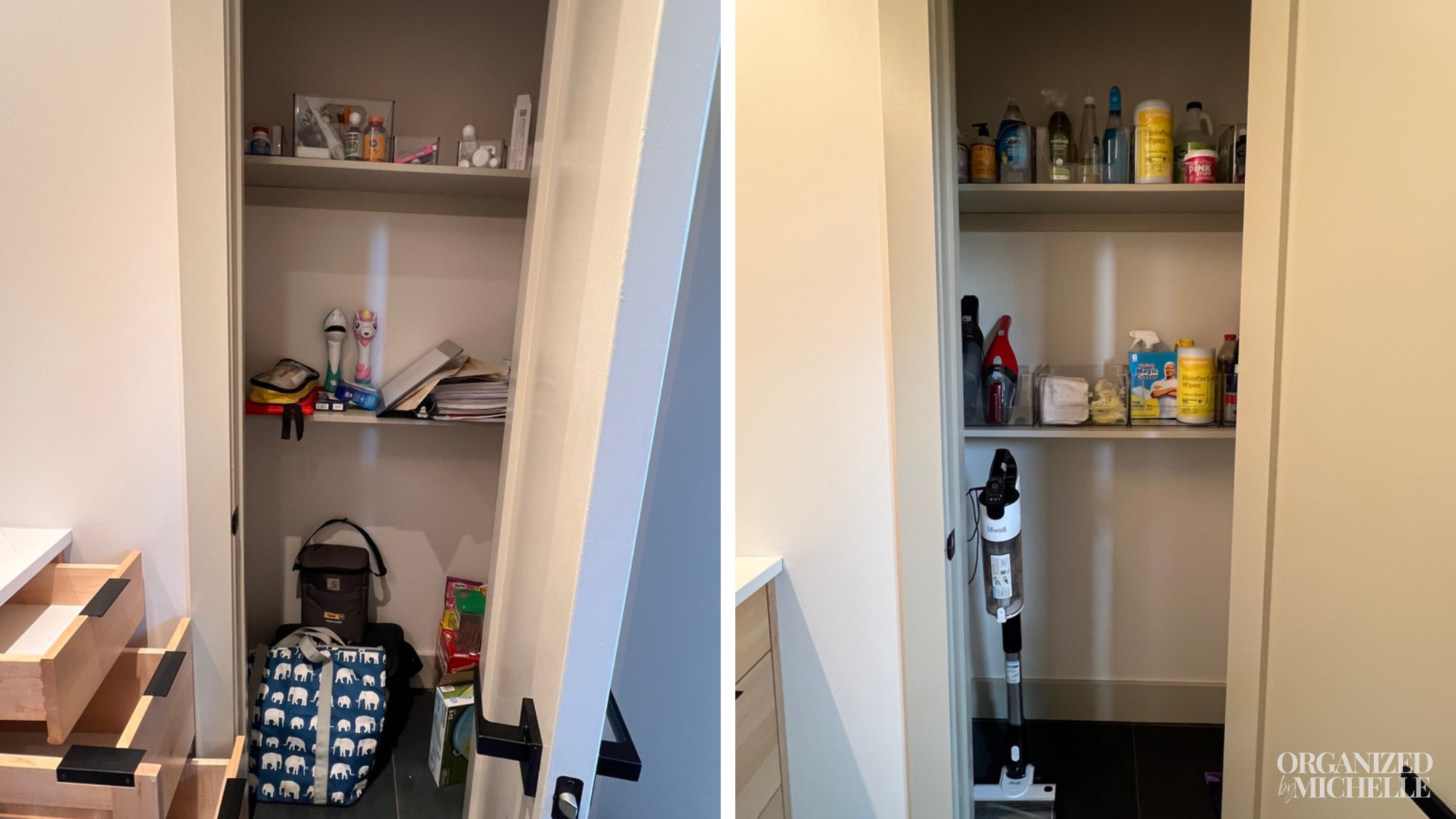 Before and after pantry organization with open shelving, neatly arranged food and household items by Organized by Michelle.