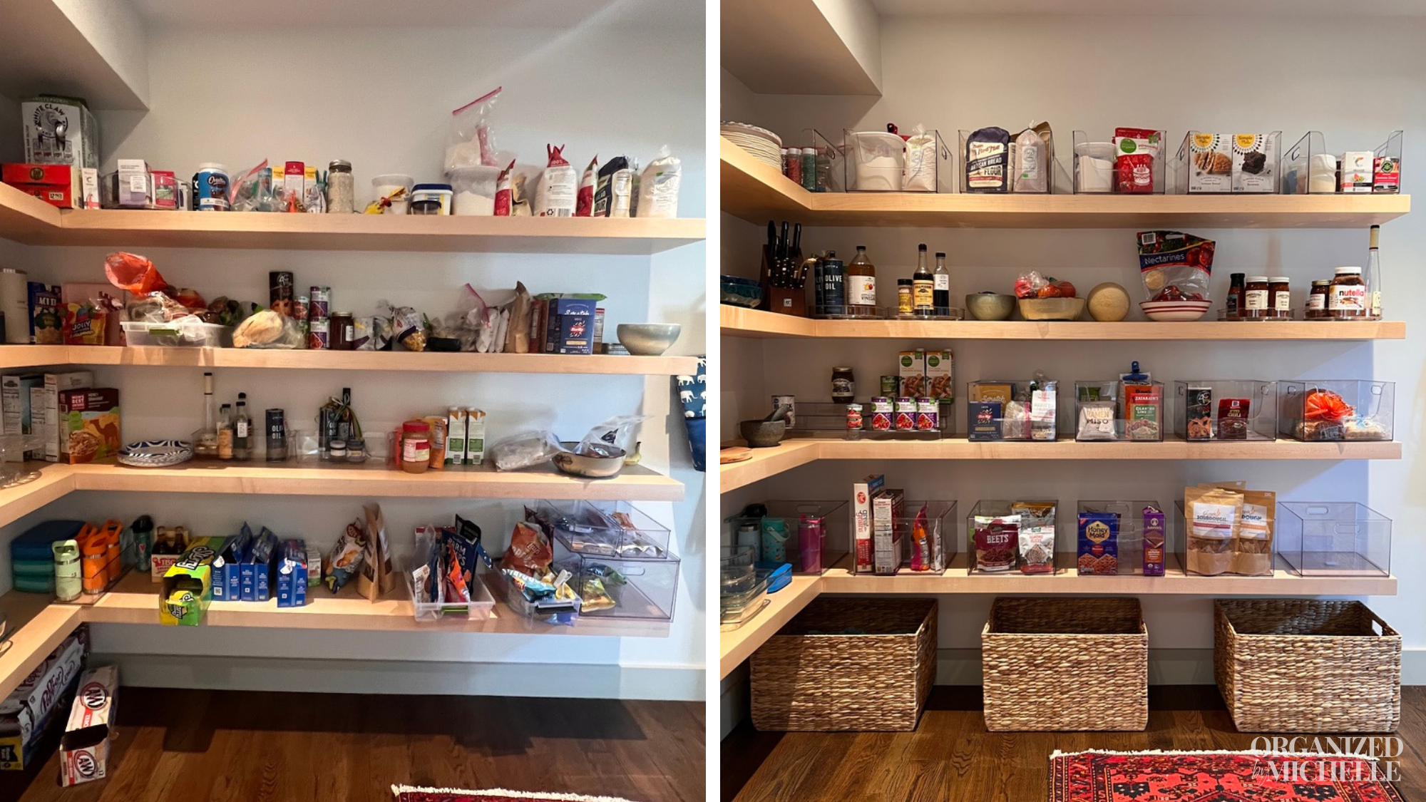Before and after pantry organization showing cluttered shelves transformed into neatly arranged food storage by Organized by Michelle.