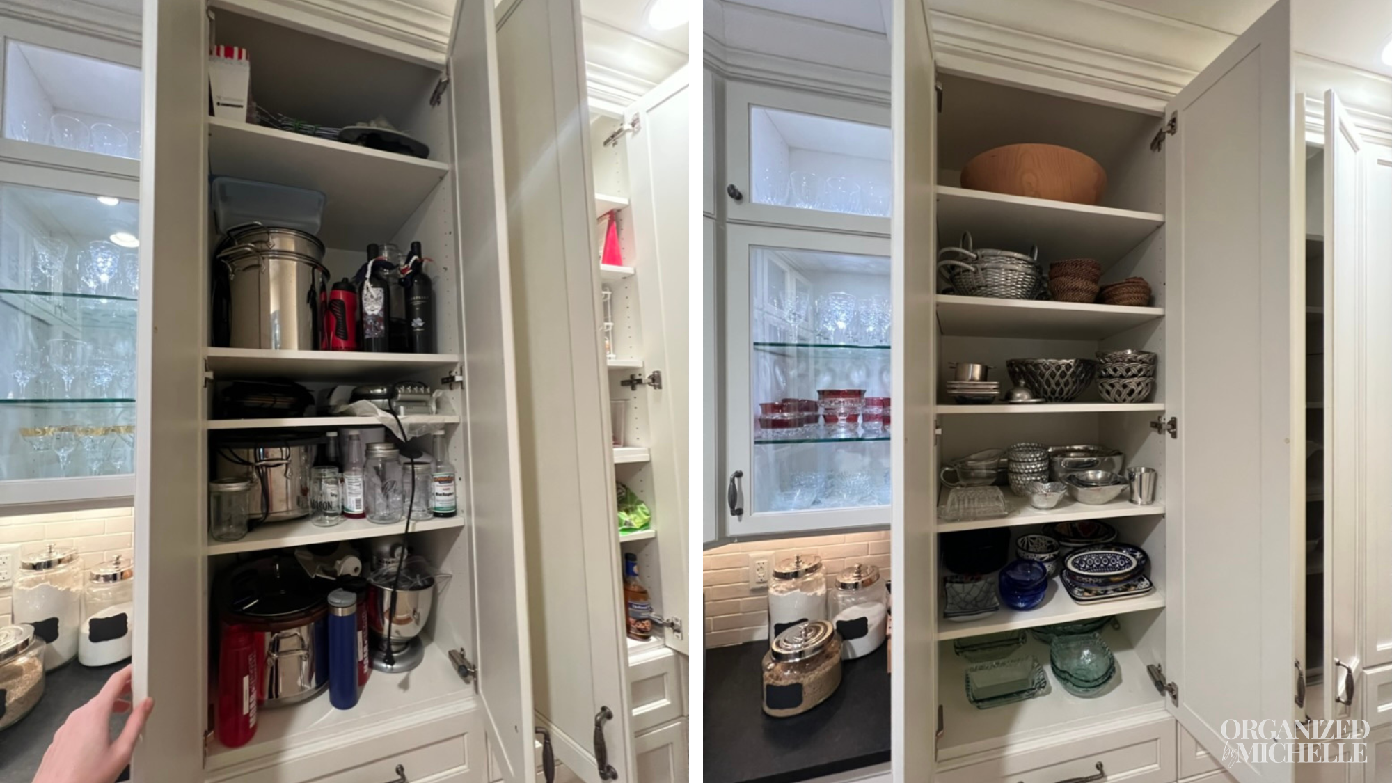 Before-and-after pantry organization by Organized by Michelle, with food and household items arranged neatly on shelves.