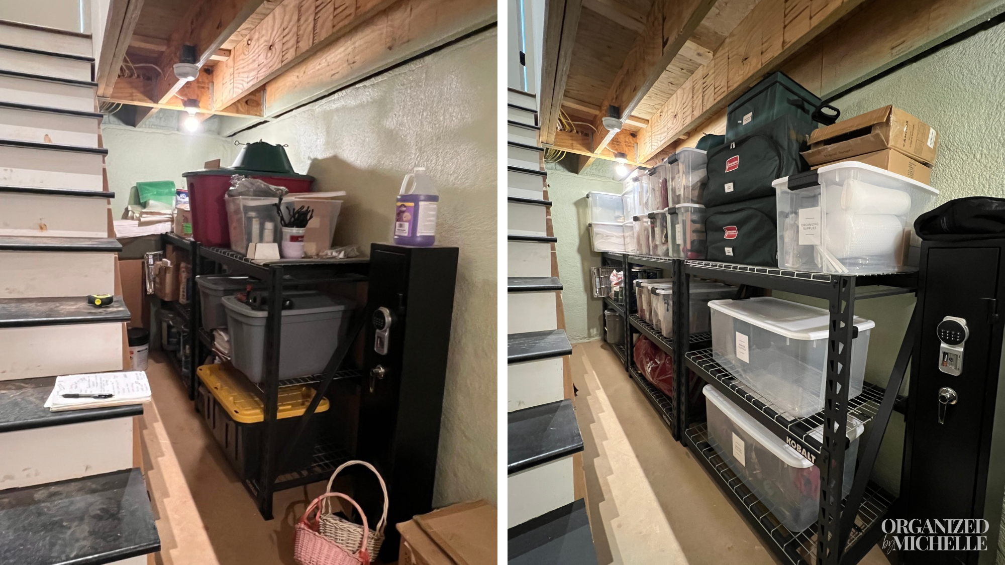Before and after basement storage area with a black rolling tool chest and organized supplies by Organized by Michelle.