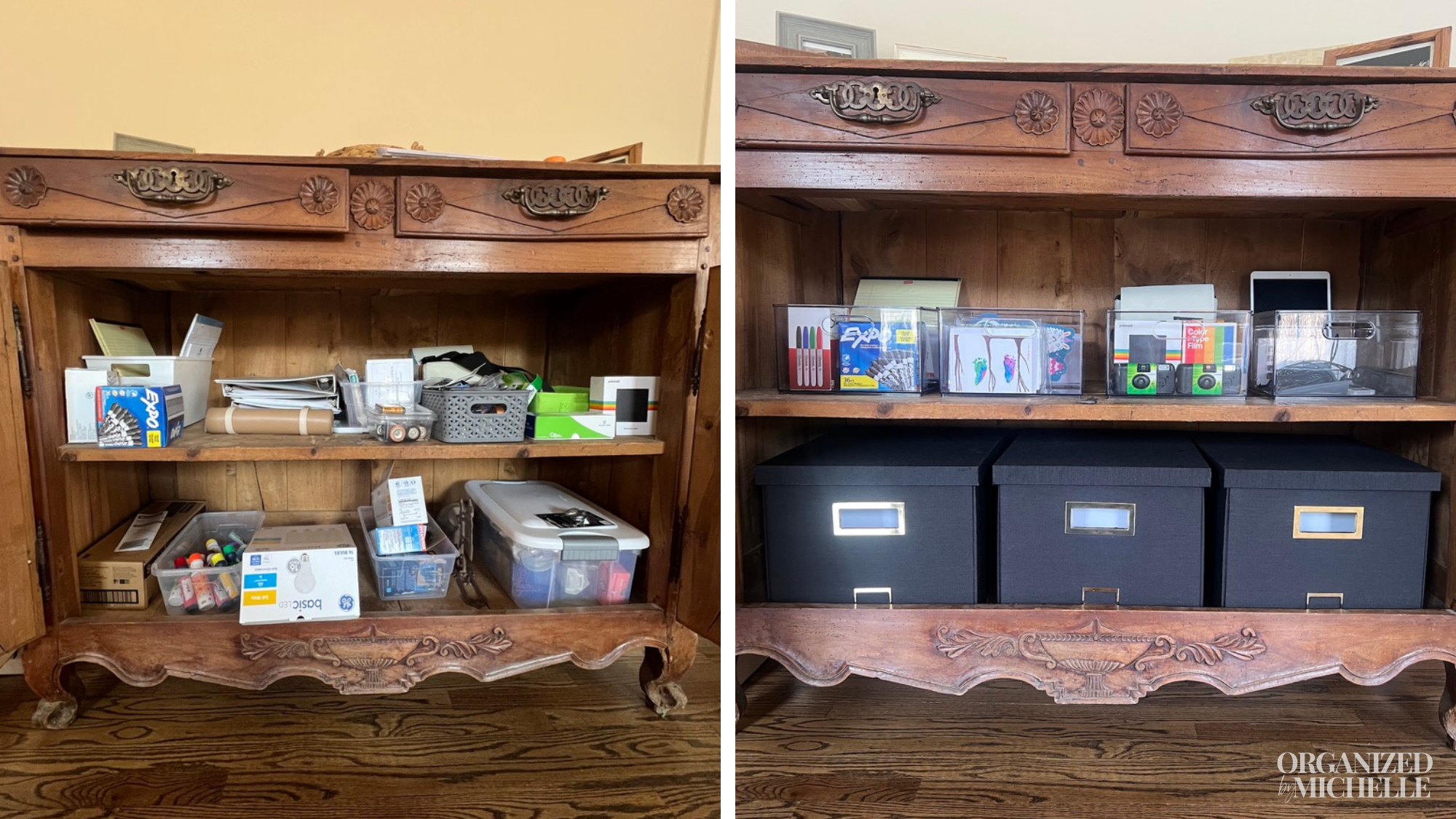 Before and after office storage cabinet with supplies sorted into labeled bins by Organized by Michelle.