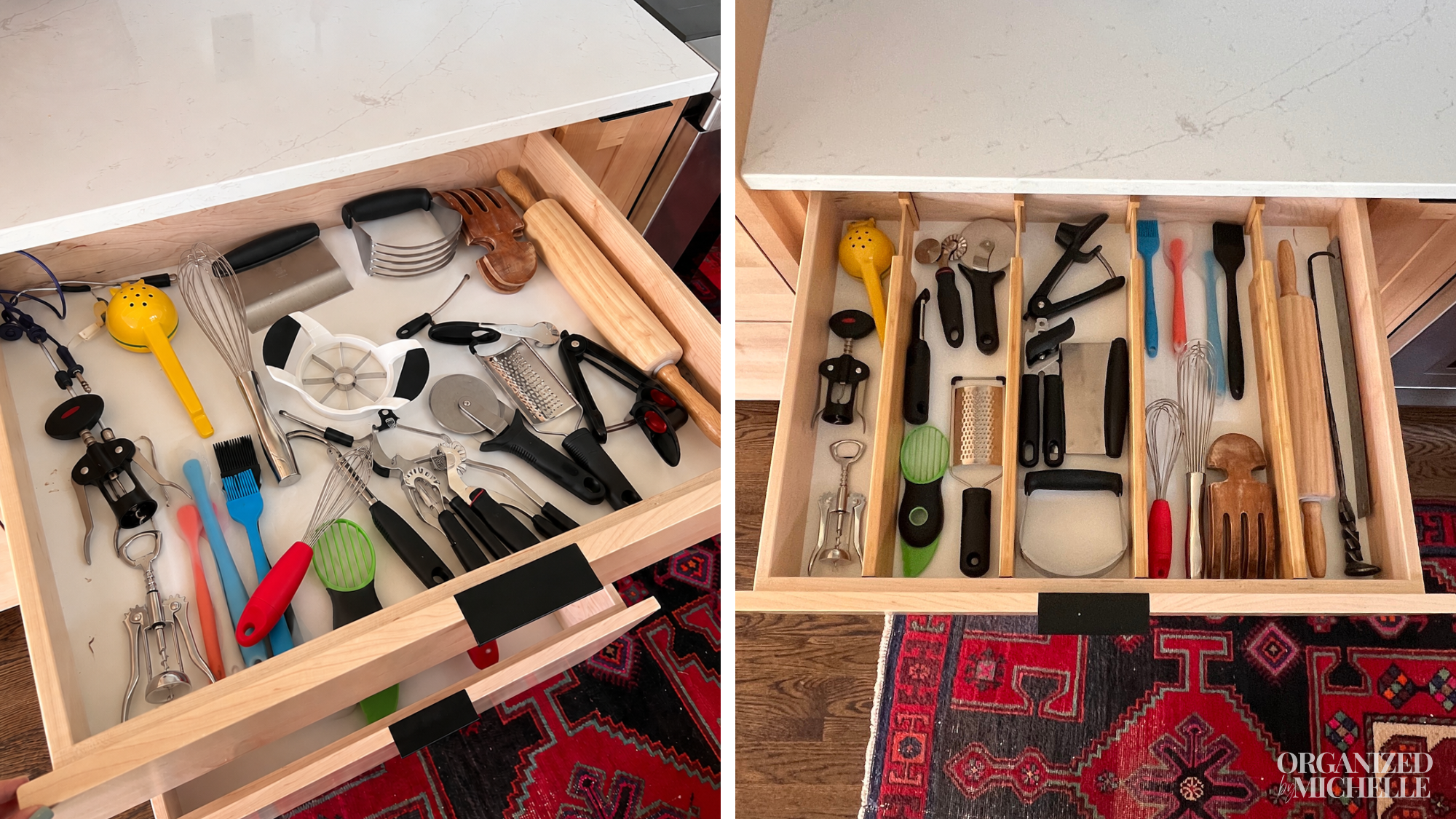 Before and after kitchen utensil drawer with cooking tools neatly arranged and organized by Organized by Michelle.