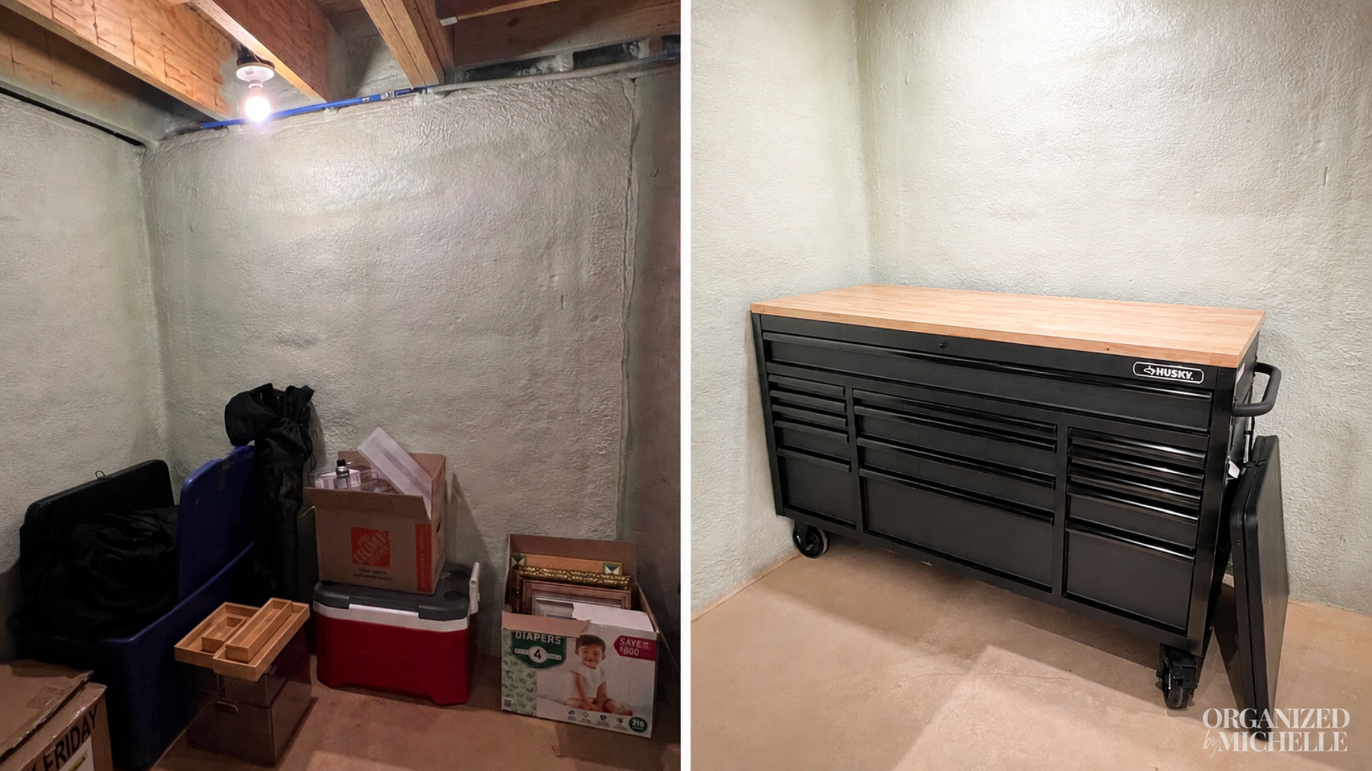 Before and after basement storage corner transformed with a large black rolling tool cabinet by Organized by Michelle.