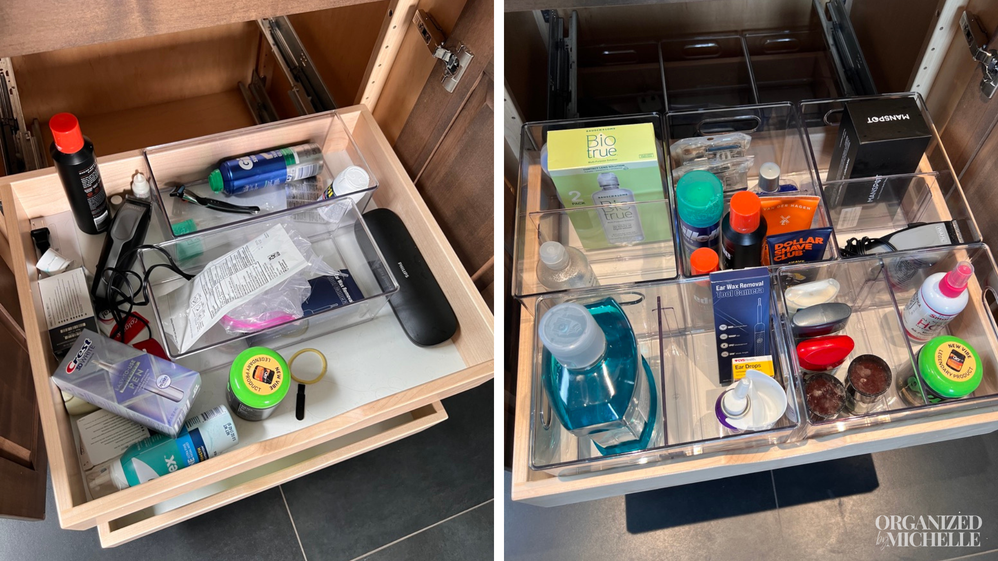 Before and after bathroom drawer organization with toiletries and personal care items sorted into clear organizers by Organized by Michelle.