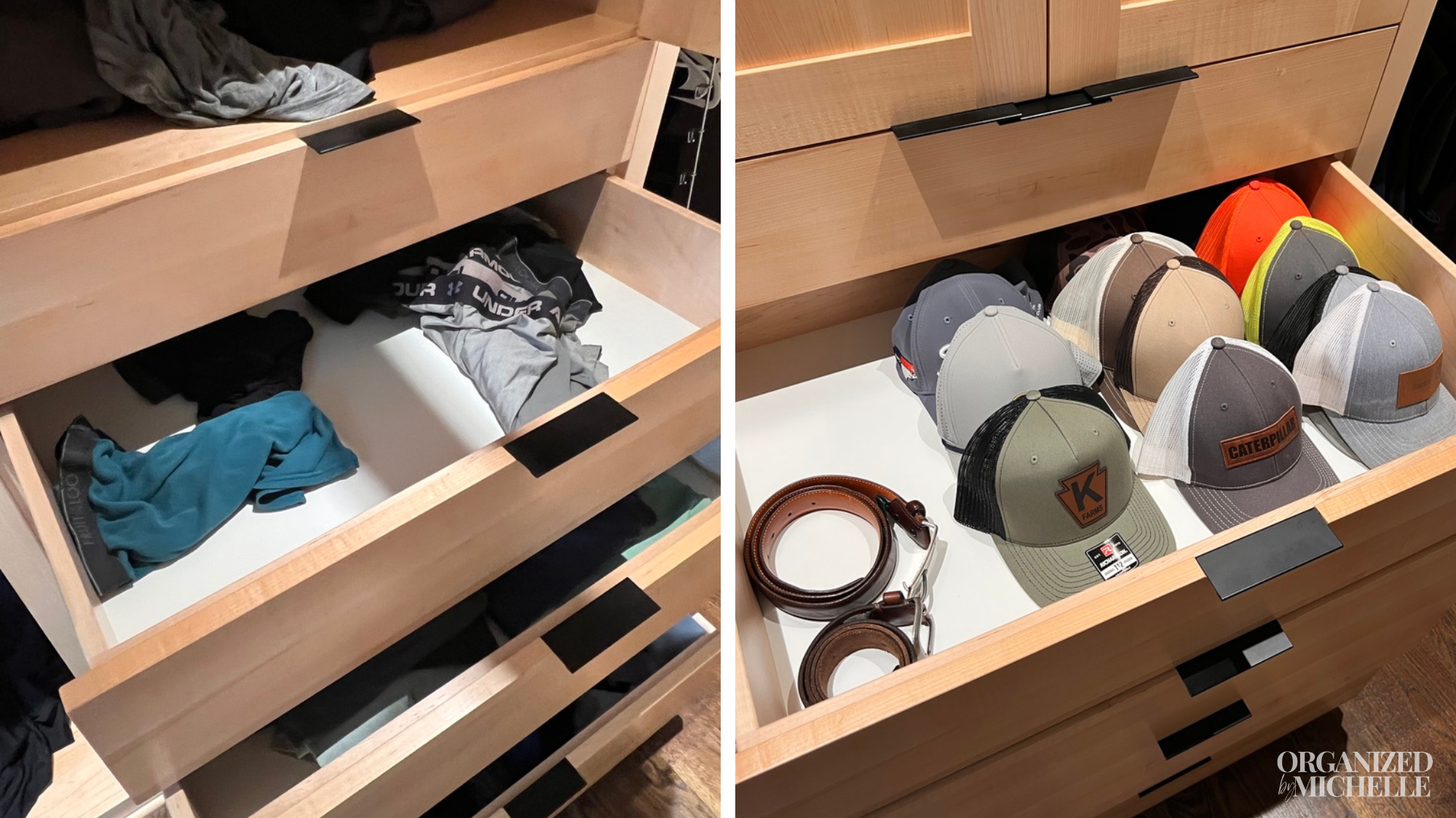 Before and after deep kitchen drawer organization with cookware and kitchen accessories neatly arranged by Organized by Michelle.