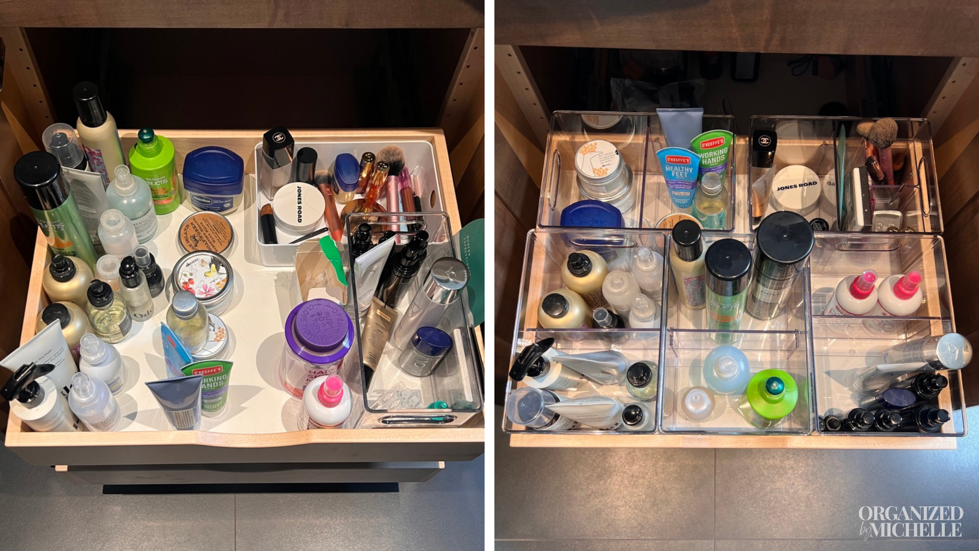 Before and after bathroom drawer organization with beauty products sorted into clear organizers by Organized by Michelle.