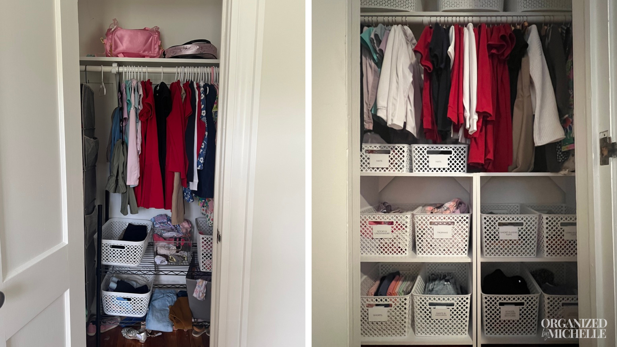 Before and after kid's closet organization with clothing, shoes and accessories neatly sorted into bins and designated storage areas by Organized by Michelle.