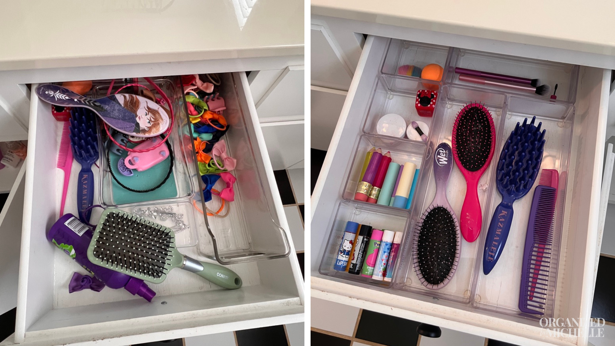 Before and after bathroom drawer organization with hair brushes, beauty products and personal care items neatly arranged by Organized by Michelle.
