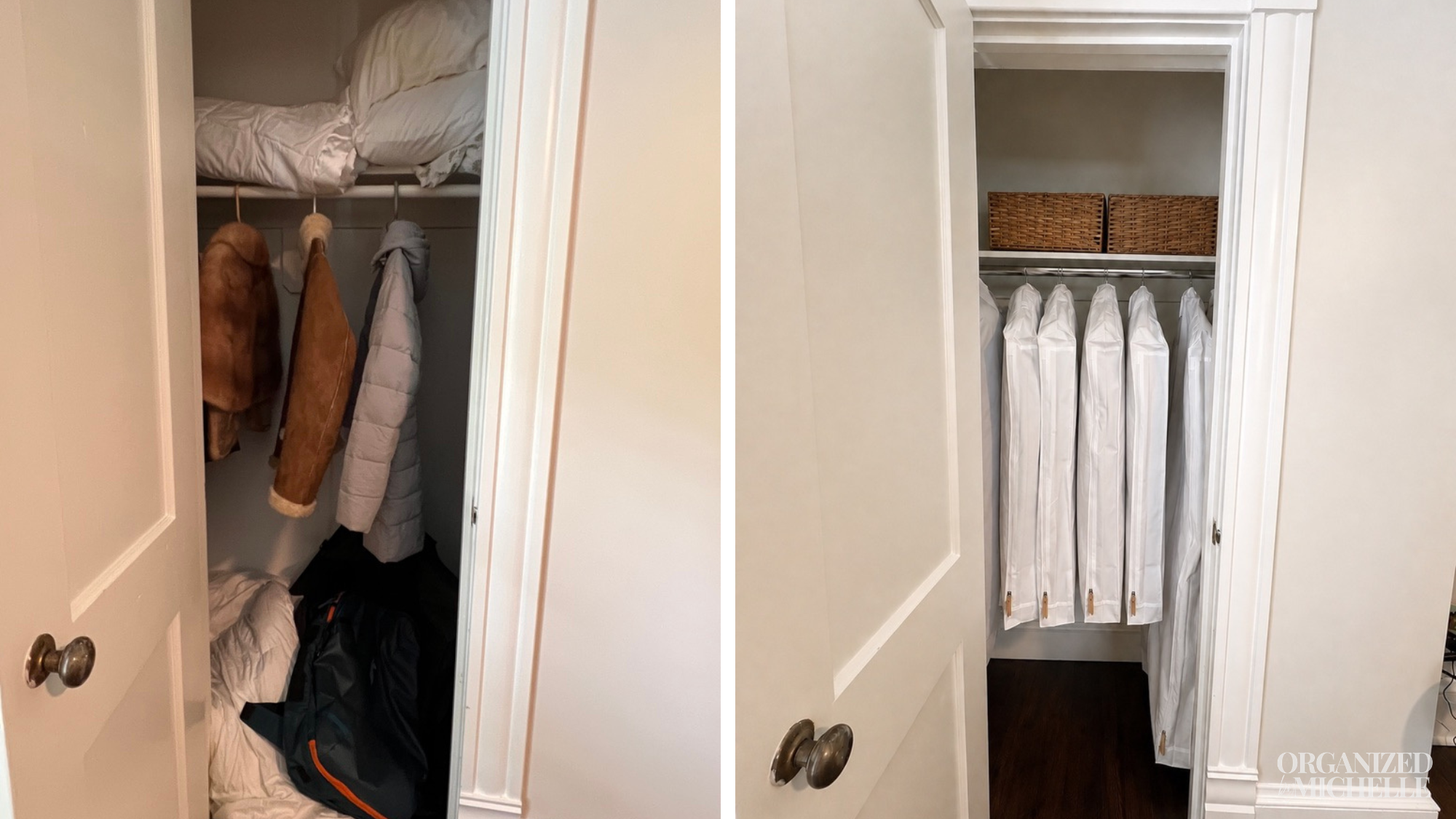 Before and after coat closet organization with hanging outerwear and neatly arranged storage by Organized by Michelle.