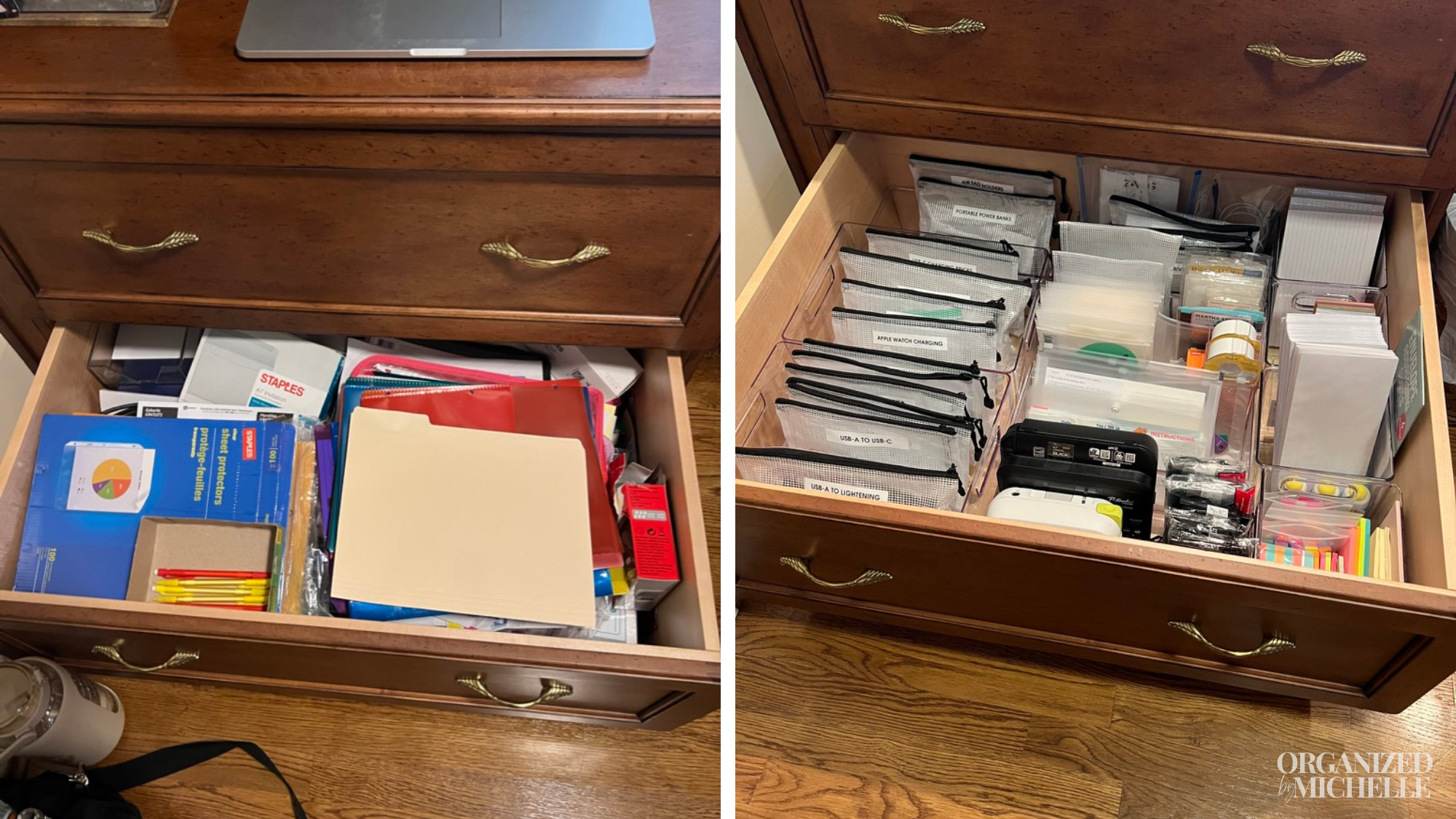 Before-and-after home office drawer organization by Organized by Michelle, with papers and supplies neatly sorted.
