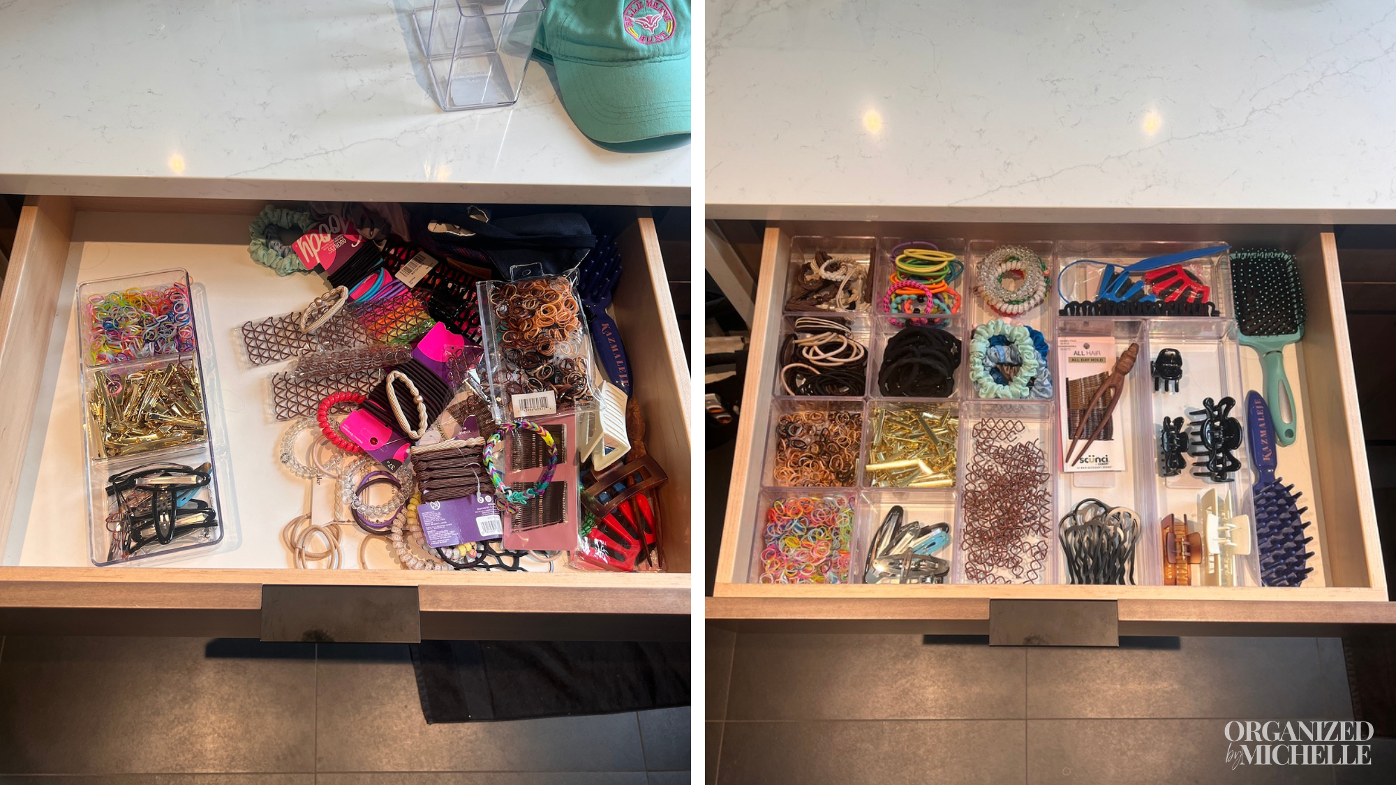 Before and after bathroom drawer organization with hair items sorted into clear drawer organizers by Organized by Michelle.