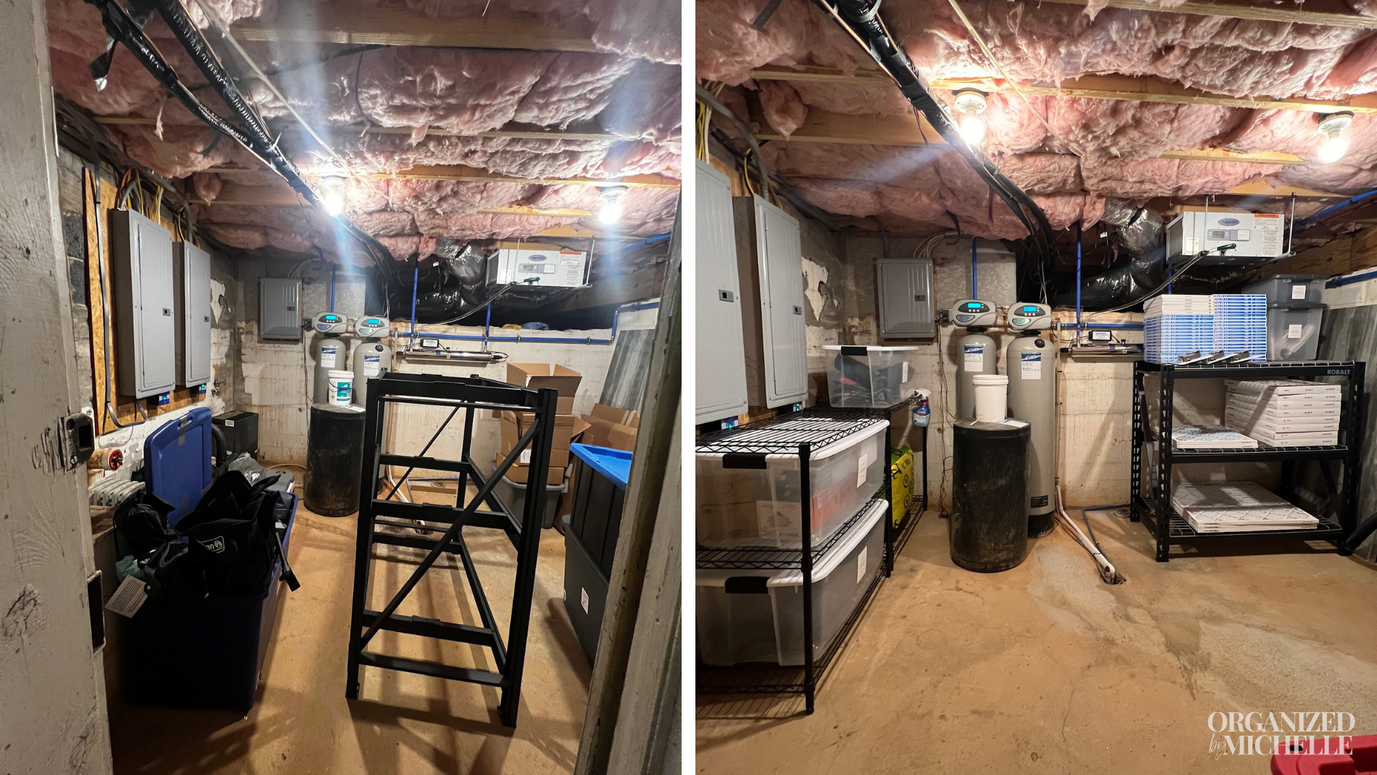 Before and after basement organization showing a cluttered utility space transformed into a functional, organized storage area by Organized by Michelle.
