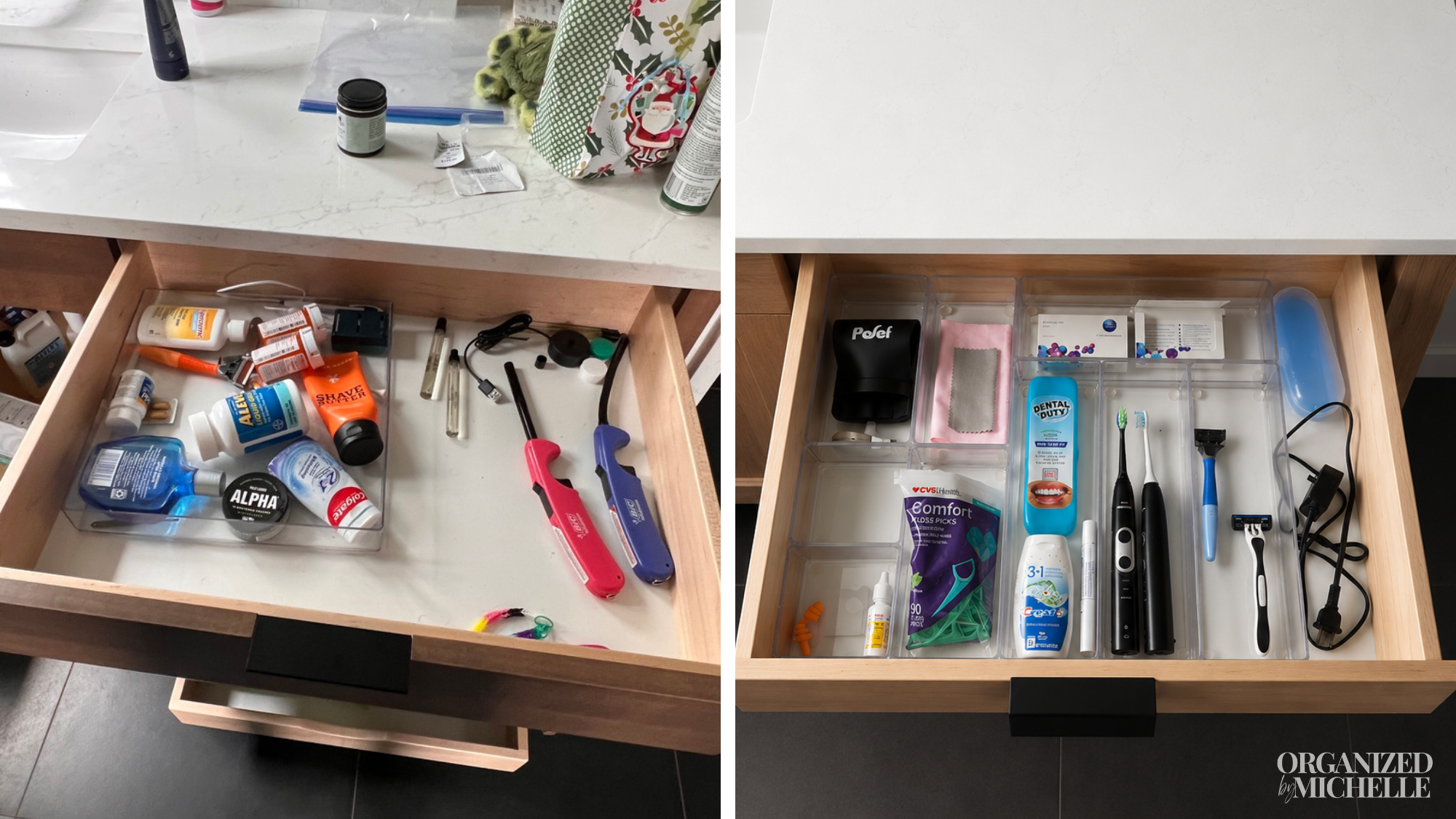 Before and after bathroom vanity drawer organization with toiletries, dental care items and grooming tools neatly arranged by Organized by Michelle.