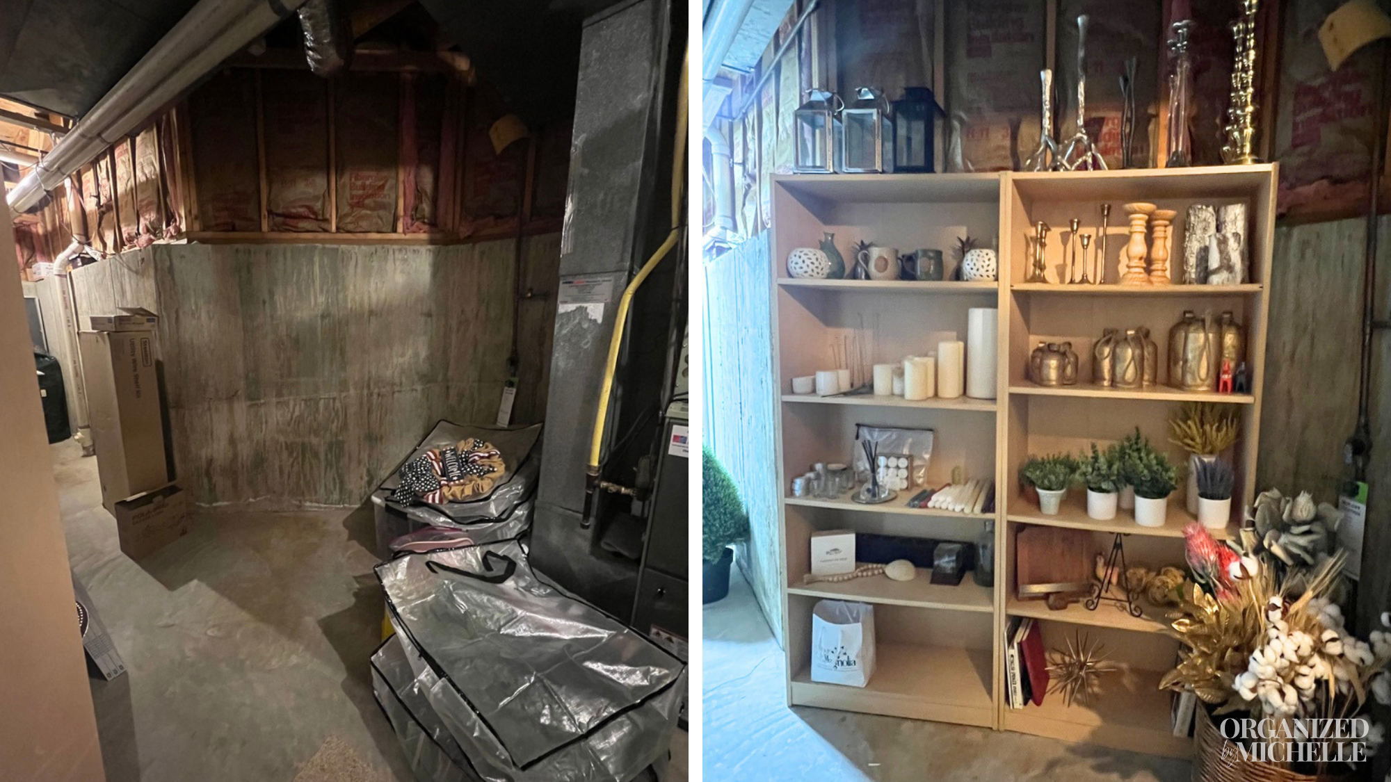 Before and after basement organization showing a cluttered storage area transformed with neatly arranged seasonal décor on shelving by Organized by Michelle.