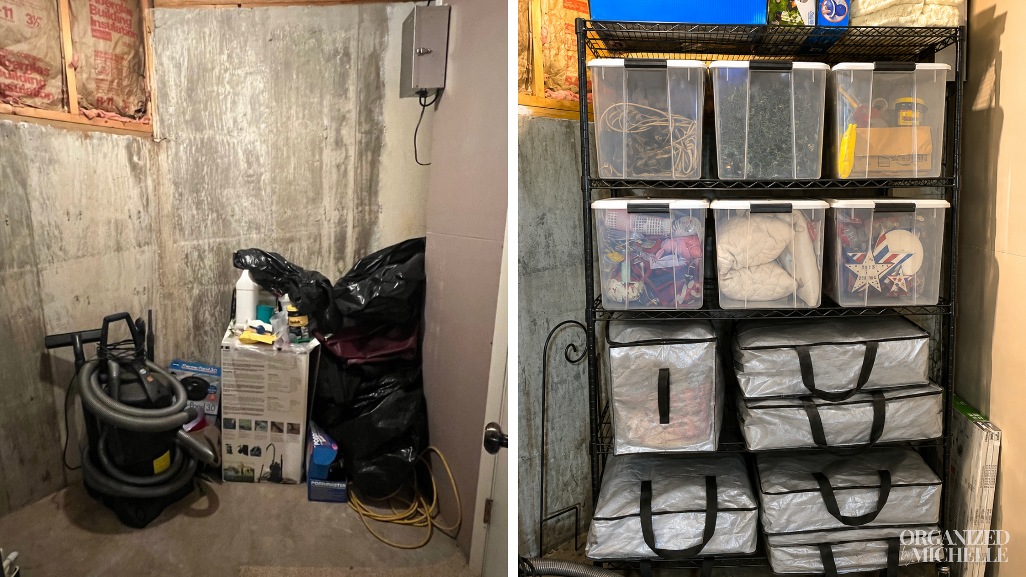 Before and after basement storage organization with loose items and bags transformed into neatly arranged clear bins and storage bags on shelving by Organized by Michelle.