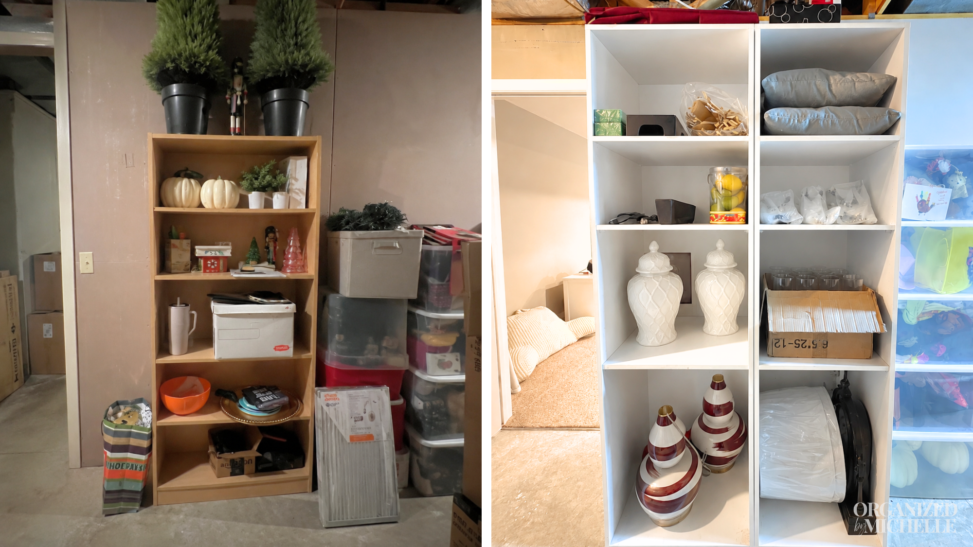 Before and after basement shelving organization with decor and household items arranged into a more functional storage system by Organized by Michelle.
