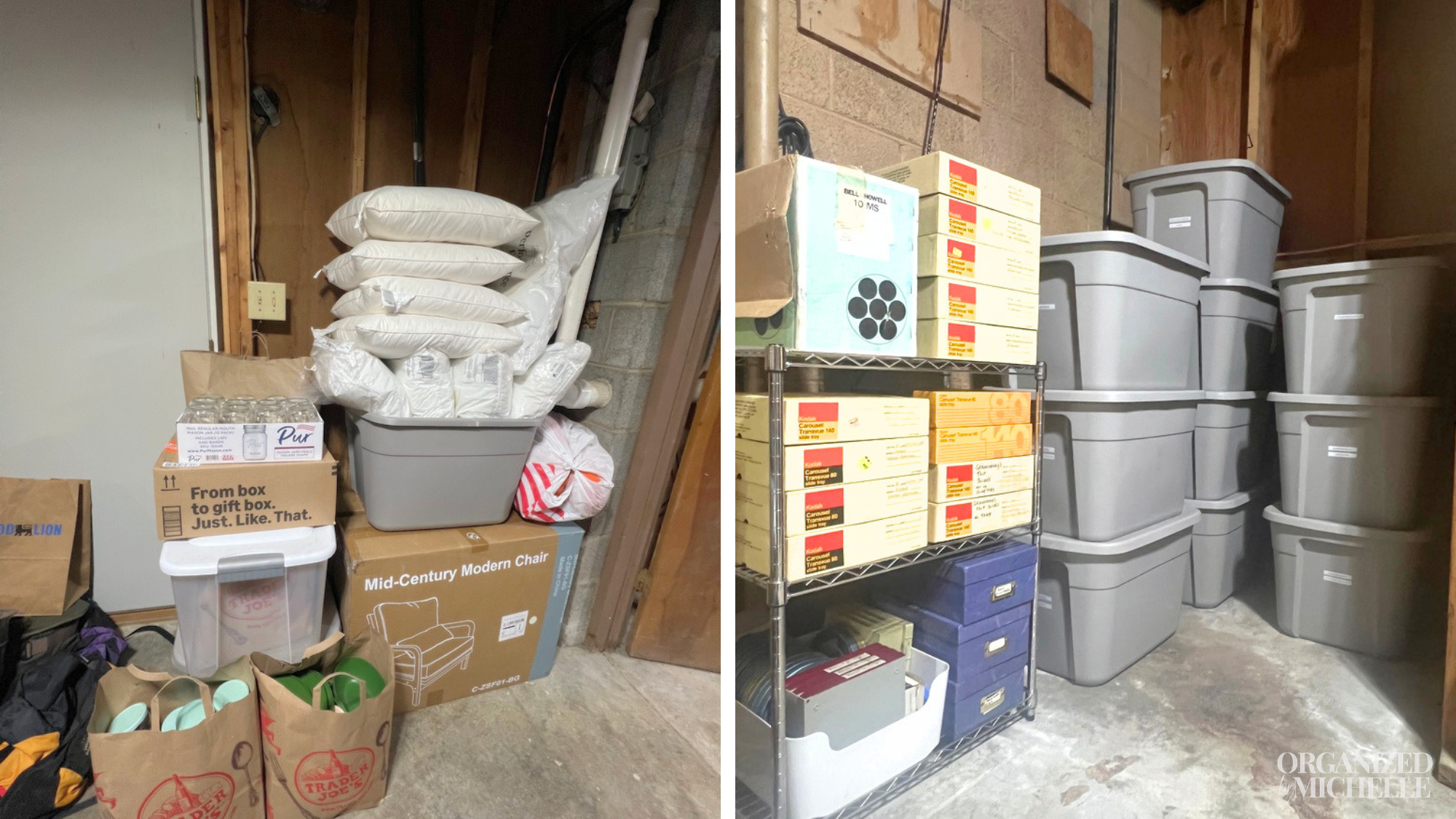 Before and after basement storage organization showing stacked boxes and loose items transformed into neatly arranged labeled bins and containers by Organized by Michelle.