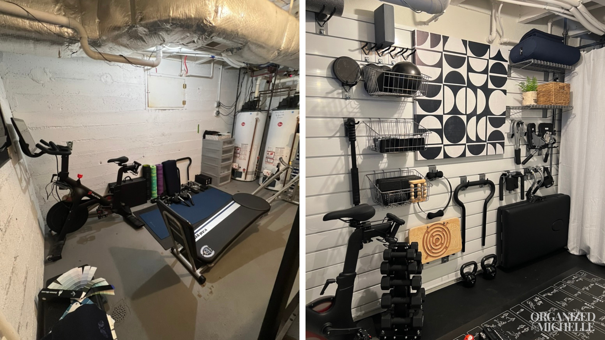 Before-and-after basement gym organization by Organized by Michelle, with tools and equipment arranged on wall storage.