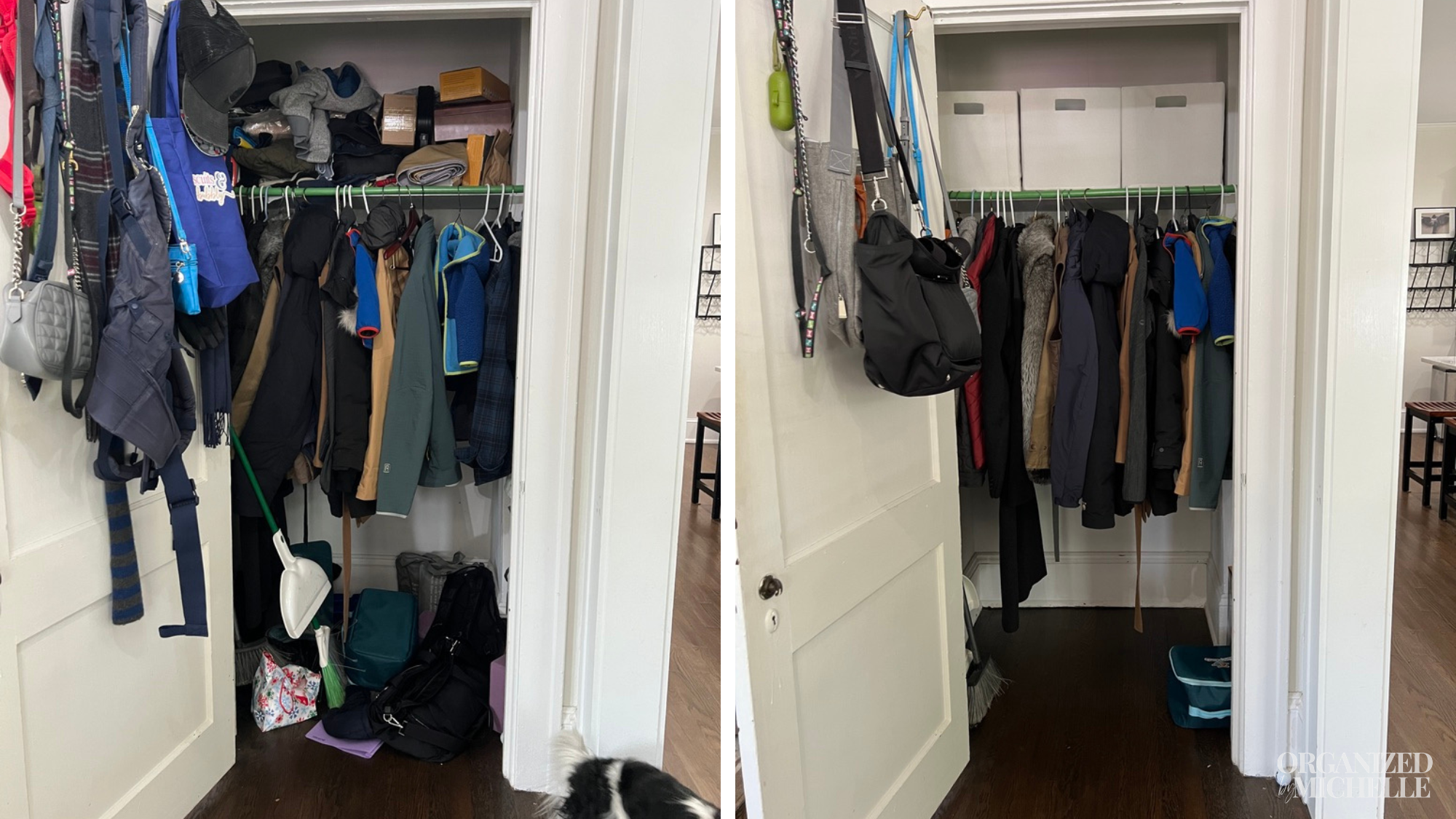 Before-and-after coat closet organization by Organized by Michelle, with clothing and accessories neatly arranged.