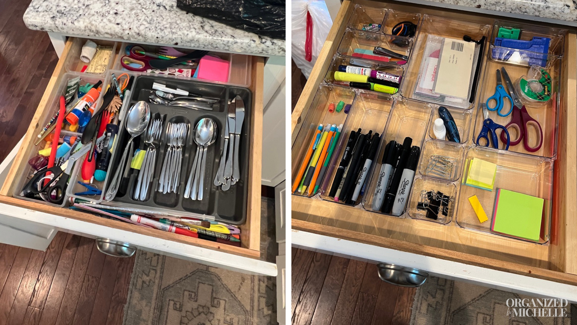 Before-and-after kitchen drawer organization by Organized by Michelle, with utensils and small items sorted into compartments.