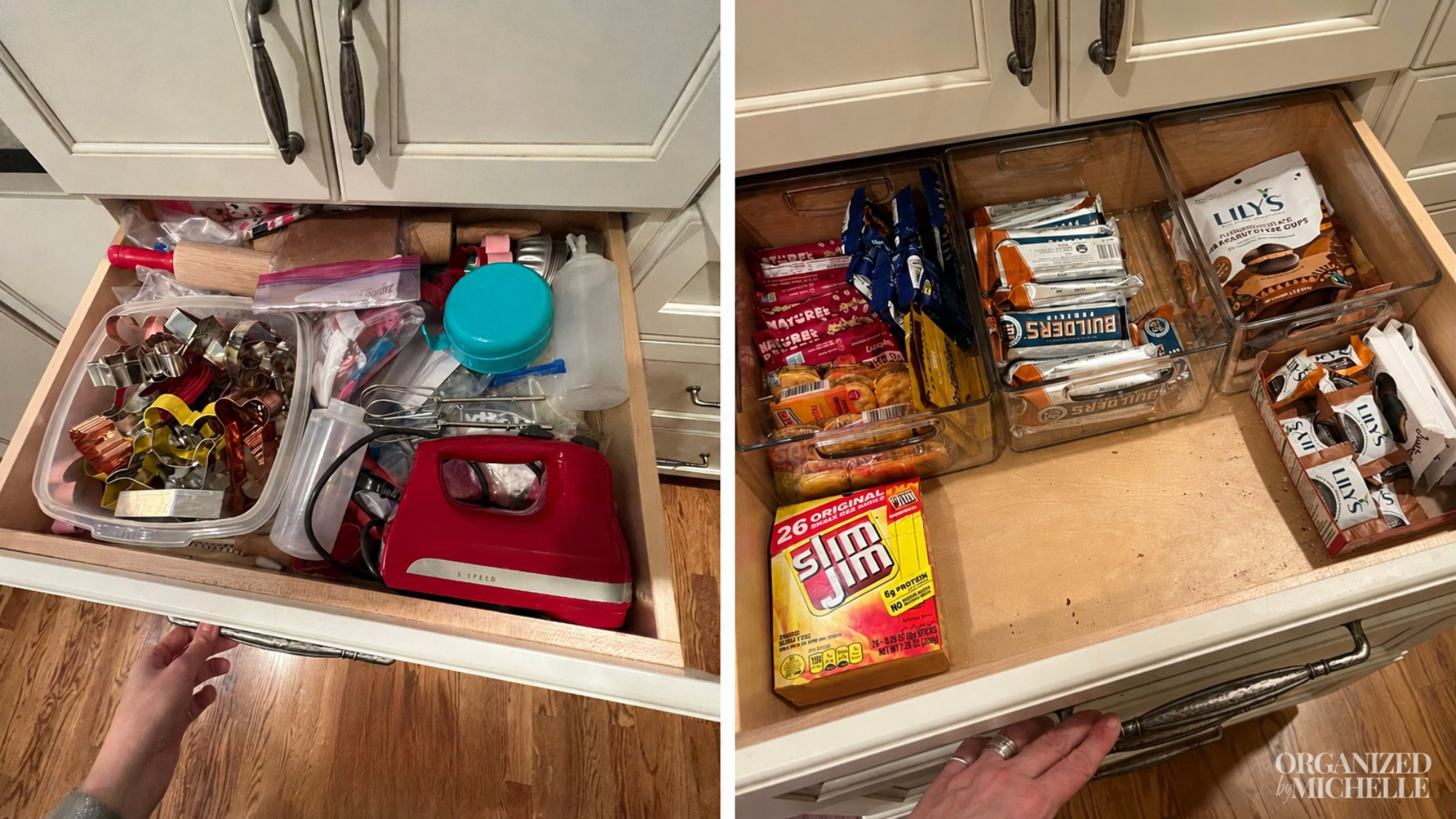 Before-and-after kitchen drawer organization by Organized by Michelle, with snacks sorted into clear storage bins.
