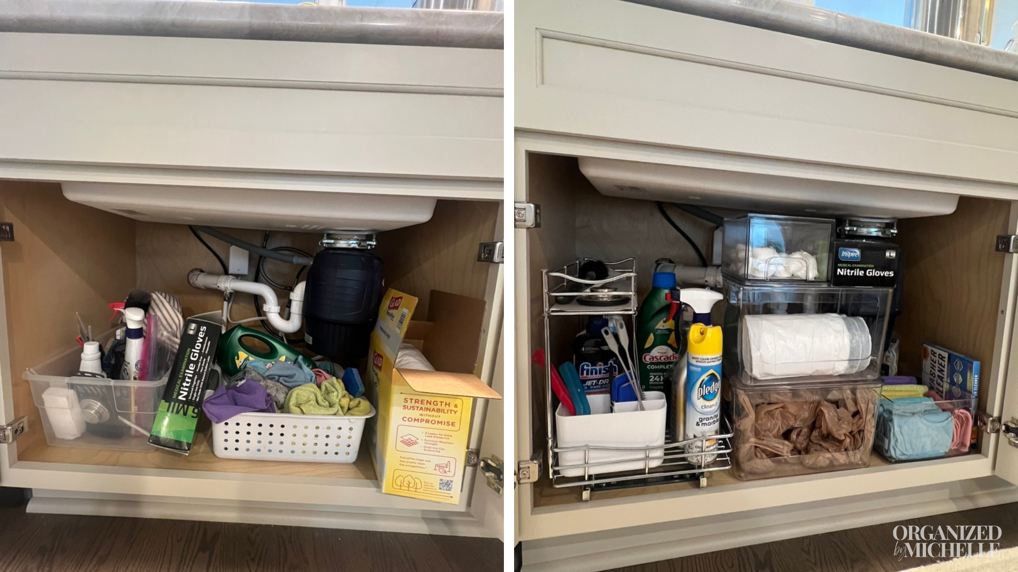 Before-and-after under kitchen sink organization by Organized by Michelle, with a pull out organizer and clear bins.